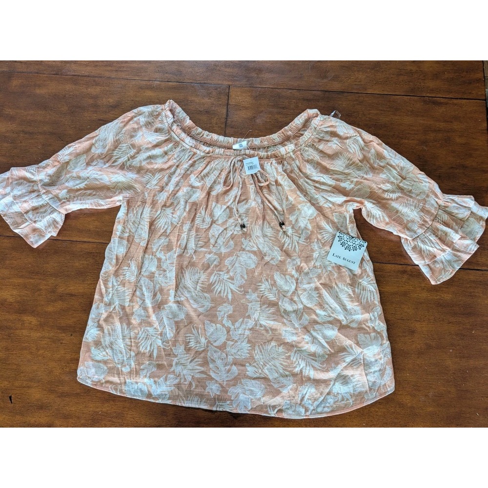 Late August Womens 3X Peach Floral Plus Size Top 3/4 Ruffle Sleeve Tunic Blouse